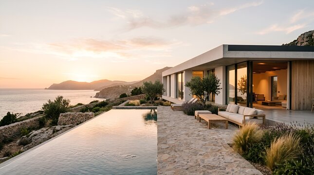Modern Luxury Villa with Infinity Pool Overlooking Mediterranean Sea at Sunset