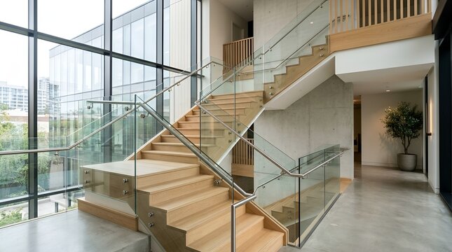 Modern wooden staircase with glass railings and floor-to-ceiling windows