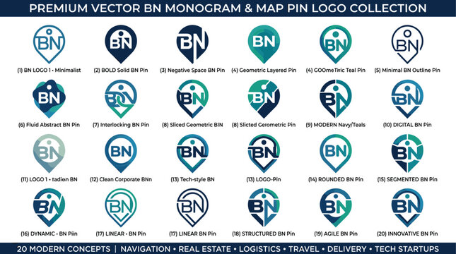 BN Monogram Map Pin Logo Collection with Modern Location Markers, Minimal Letter Branding, Corporate Identity, Navigation, and Business Vector Logo Set