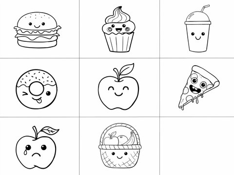 Playful black and white food characters in a 3x3 grid.