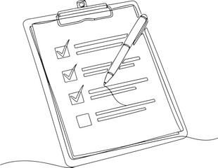 Naklejka premium Clipboard with paper checklist and pen filling out task list continuous line art drawing sketch style icon isolated on transparent background.