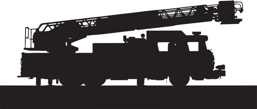 Fire engine silhouette profile isolated on white background heavy truck rescue vehicle with extendable ladder industrial machinery equipment graphic.