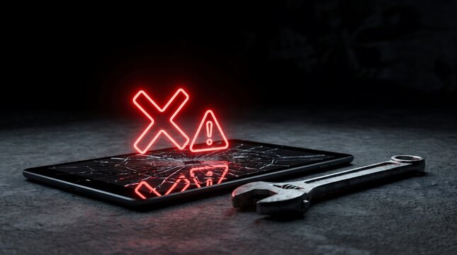 Broken tablet screen with glowing red neon warning signs and a metal wrench on a dark concrete surface representing repair