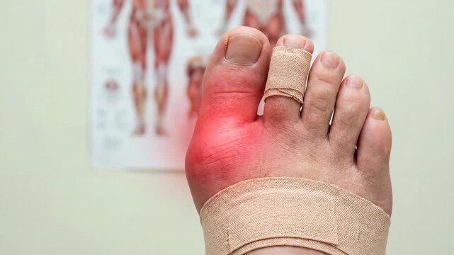 Aggravated foot ailment: painful inflammation, acute symptom, crystal formation, throbbing discomfort, joint distress, medical concern, patient agony, health condition.