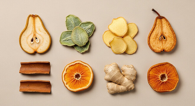 A flat lay arrangement of various dried fruit slices, cinnamon sticks, and ginger root pieces on a light beige background, for food styling