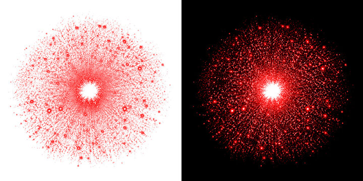 Vibrant red circular firework burst with glowing particles isolated on transparent background for celebration and festive design.