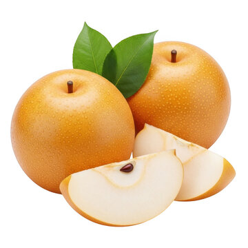 Fresh asian pears with green leaves and slices isolated on transparent background