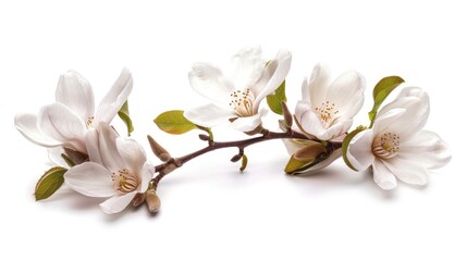 Naklejka premium A delicate branch adorned with white magnolia flowers against a pristine white background. 