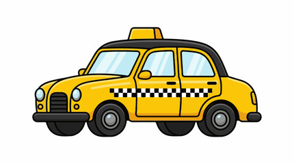 Obraz premium A cartoon-style illustration of a yellow taxi cab with a black roof and checkered side stripe