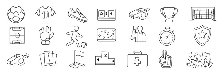 Football and soccer icon set. Containing jersey, soccer field, stadium, referee, goal, trophy, dribble, player and more. © HIKE  Studio  1