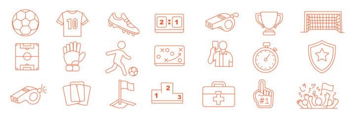 Football and soccer icon set. Containing jersey, soccer field, stadium, referee, goal, trophy, dribble, player and more. © HIKE  Studio  1