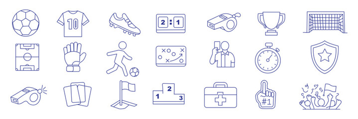 Football and soccer icon set. Containing jersey, soccer field, stadium, referee, goal, trophy, dribble, player and more. © HIKE  Studio  1