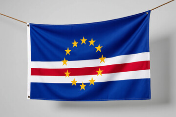 Fototapeta premium Cape Verde National Flag Hanging on Rope Cabo Verde African Banner Background