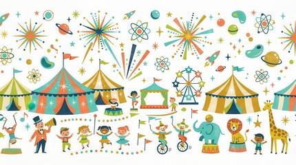 Fototapeta premium Happy children enjoy circus acts like clowns, animals, and acrobatics under colorful tents