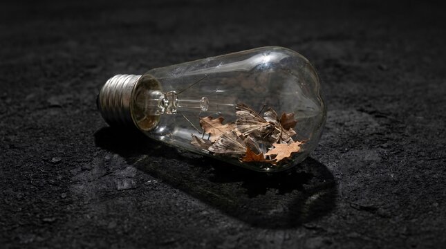 Close-up of an old transparent glass lightbulb lying on a dark textured surface containing dried brown leaves and dead moths inside, symbolizing light pollution