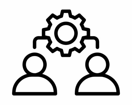 Two people with a gear above them in a teamwork concept