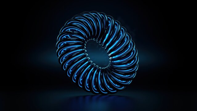Creative futuristic blue glowing neon coiled circular spring toroid shape on dark background.