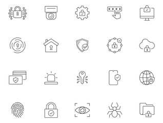 Fototapeta premium Collection of security web icons in line style. Containing safe, privacy, guard, fence, shield, lock, server, password, access, protection, protect and more. Authentication and digital safety. Vector 