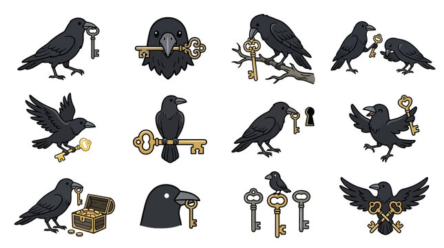 Black crow and gold skeleton key illustration set.