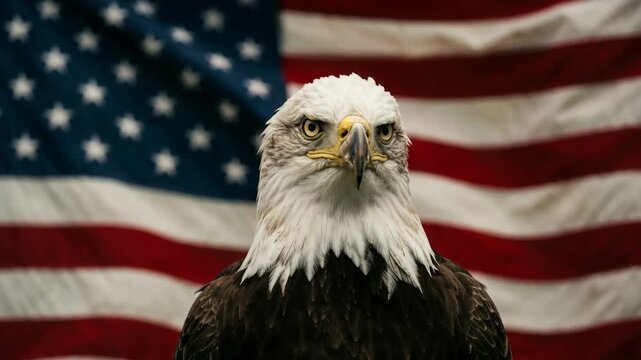 Majestic bald eagle against the backdrop of the American flag