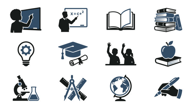 Blackboard books and science icons for education.