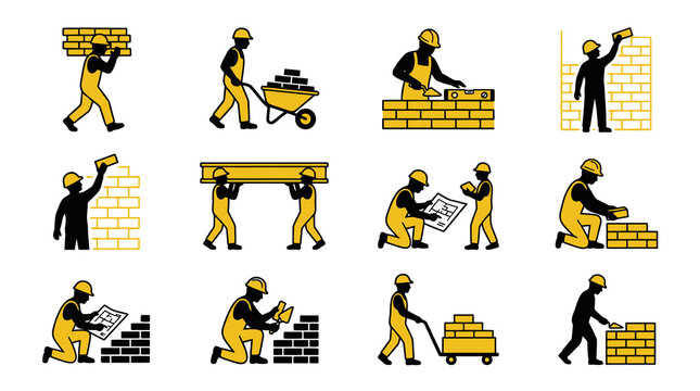 Black and yellow bricklayer construction icons