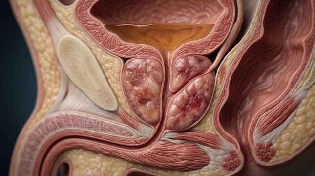 Genitourinary system view: human prostate, anatomical atlas, pathological state, normal morphology, zonal structure, inflammatory condition, clinical visualize, bladder cavity, urethra channel.