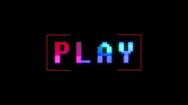 A pixelated 'PLAY' button with a vibrant gradient color scheme and a retro 8-bit video game aesthetic on a dark background, framed by a red dashed line.