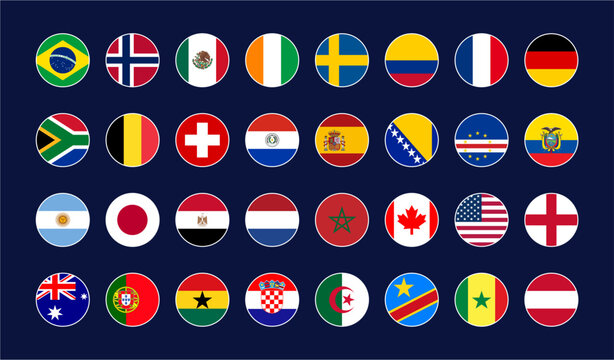Circular flags of the countries that qualified for the knockout stage of the 2026 international football tournament.