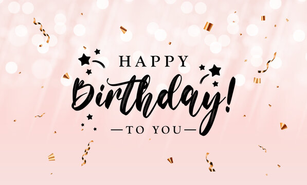 Happy Birthday calligraphy text with confetti on a soft pink background for celebrations