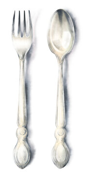 Delicate watercolor hand drawn illustration of vintage silver fork and spoon. Soft shadow, top view, isolated on white background. Elegant cutlery for table setting, kitchen decor