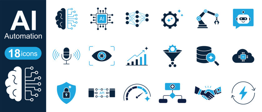 AI automation two-tone glyph icon set. Artificial intelligence and machine learning solid color filled vector icons.
