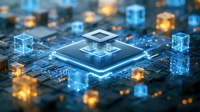 Ultra realistic quantum computing concept featuring central processor chip with glowing data cubes and circuit pathways in blue and amber lighting