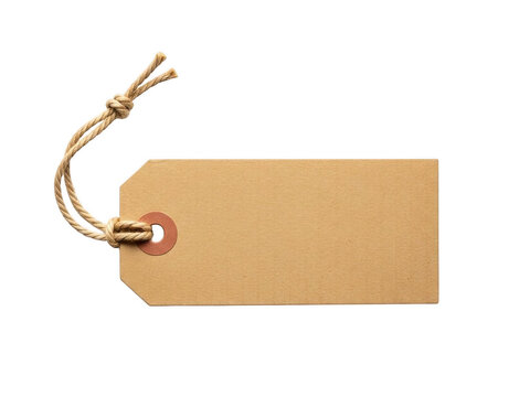 Brown cardboard tag with string, price tag or gift tag, blank space for text, rustic label on transparent background.