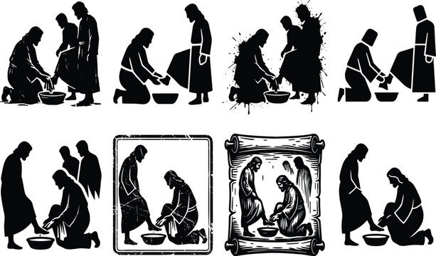 Jesus washing disciples feet vector silhouette icon set showing maundy thursday and humility concepts