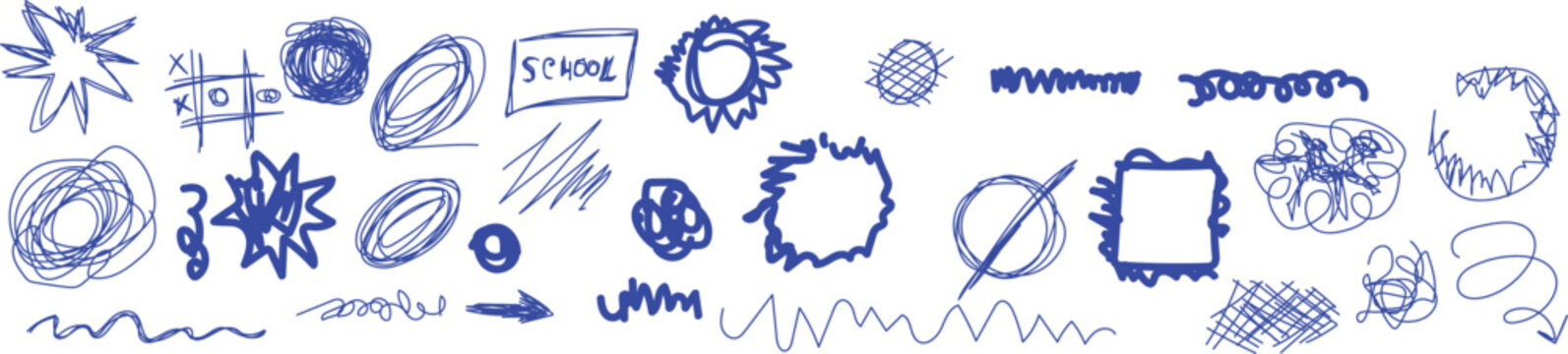Collection of blue hand drawn scribble shapes and school doodles. Blue pen scratch doodle and short phrases collection for hand drawn notes. 
