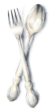 Delicate watercolor hand drawn illustration of vintage silver fork and spoon lying crosswise. Soft shadow, top view, isolated on white background. Elegant cutlery for table setting, kitchen decor