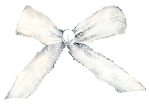 Delicate watercolor hand drawn illustration of white lace bow. Soft shadow, top view, isolated on white background. Elegant romantic vintage ribbon for wedding, scrapbooking, cottage core decor