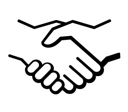 A clean flat vector line icon presents two hands shaking, useful for contract signing, client onboarding, partnership pages, and deal concepts.
