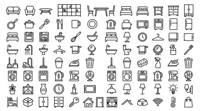 Editable home and living outline icon collection vector illustration for household needs isolated on white background