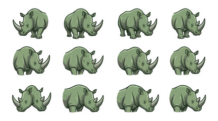 Green rhinoceros mascot icons set in various standing poses. © Kinasih