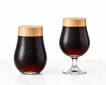 Two Nitro Cold Brew Coffee Glasses Side by Side on White Marble, Curved Stemless and Stemmed Tulip Glass Comparison with Creamy Foam, Clean White Studio Background