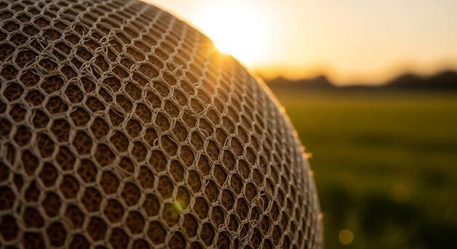 Close up of a cantaloupe melon skin texture with sunset lighting in a field.