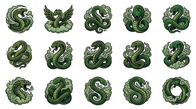 Green snake and serpent mascot icons with smoke elements.