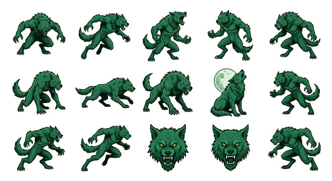 Green werewolf monster character sprite sheet set
