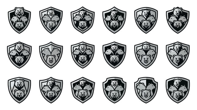 Grey bear mascot crests with multiple heads shields.