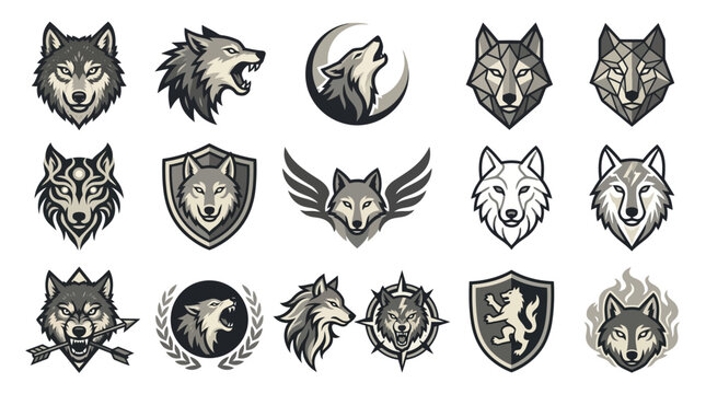 Greyscale wolf logos and symbols with shield emblems.