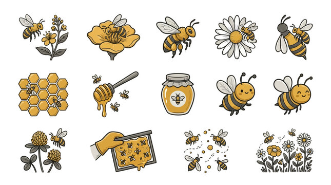 Honey bee and honeycomb illustration icons collection.