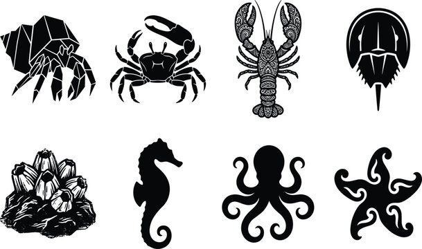 Marine Life and Sea Creatures Silhouette Icon Set Featuring Crustaceans and Mollusks