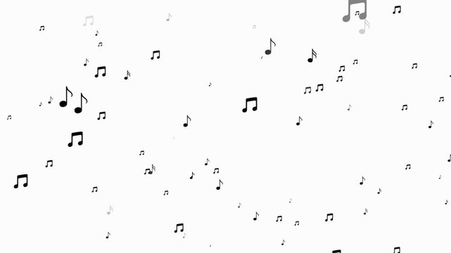 Abstract flying music notes on white background. Black musical instrument floating up stream animation. Concept of music party. Animated musical notes soft particle overlay- Sound symbol streaming.